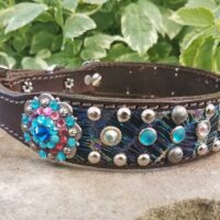 leather dog collar with blue, clear and purple crystals