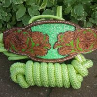 lime green rope halter with tooled flowers and green glitter